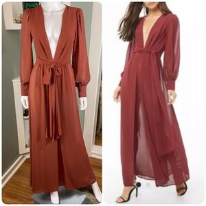 Forever 21 Rusty-Mocha Chiffon Sheer Plunging Deep V-Neck Maxi Dress Small